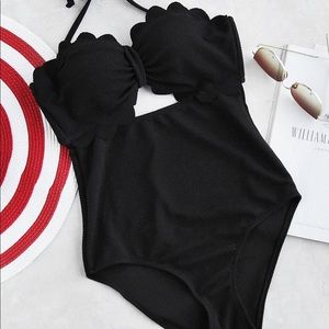 Scalloped Trim Cutout Front Swim Suit - Sz M